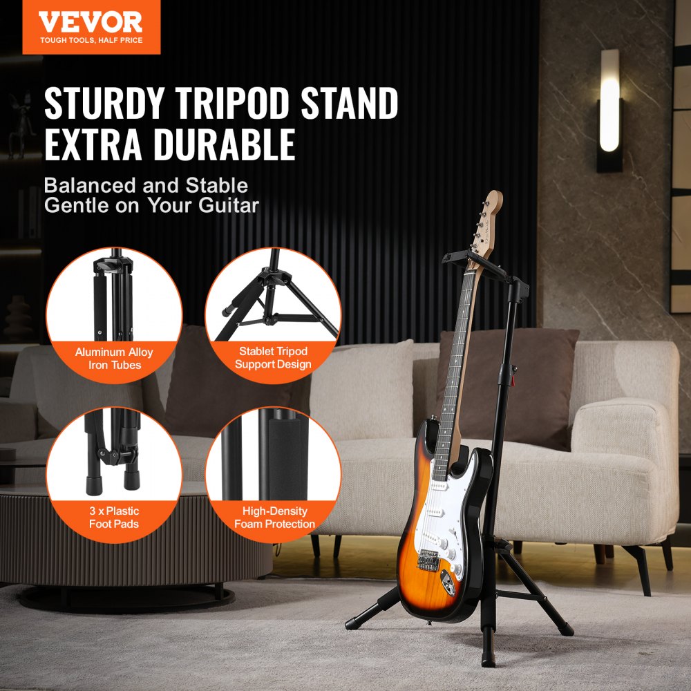 VEVOR Tripod Guitar Stand, 33 lbs/15 kg Load Capacity, Floor-Standing Foldable Guitar Stand Display Rack with 35.4-47.2 in/900-1200 mm Adjustable Height, for Guitar Acoustic Electric Classical Bass