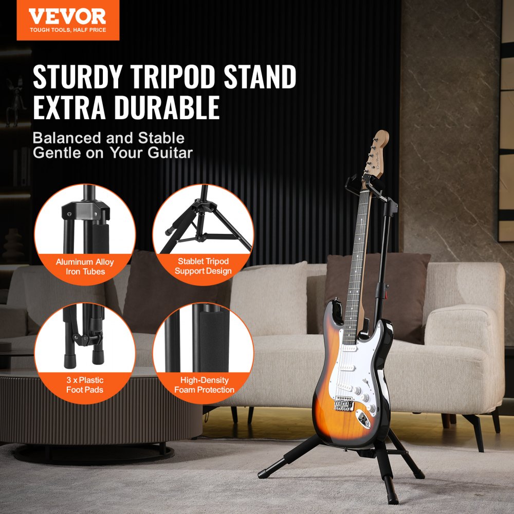 VEVOR Tripod Guitar Stand, 33 lbs/15 kg Load Capacity, Floor-Standing Foldable Guitar Stand Display Rack with 35.4-47.2 in/900-1200 mm Adjustable Height, for Guitar Acoustic Electric Classical Bass