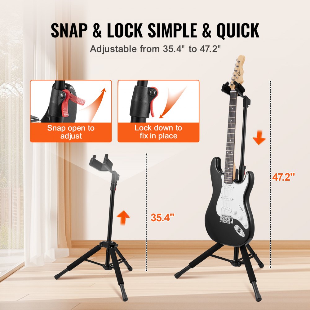VEVOR Tripod Guitar Stand, 33 lbs/15 kg Load Capacity, Floor-Standing Foldable Guitar Stand Display Rack with 35.4-47.2 in/900-1200 mm Adjustable Height, for Guitar Acoustic Electric Classical Bass