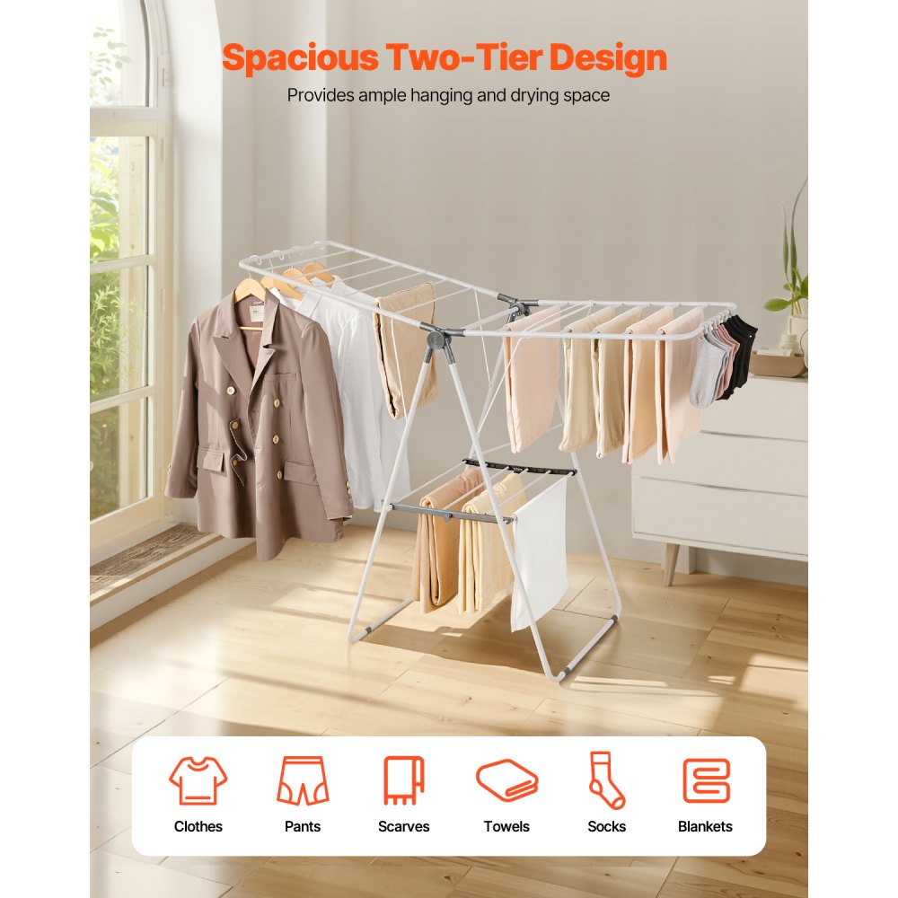 VEVOR Clothes Drying Rack, 2-Tier Foldable Laundry Dryer Rack with Sock Clips & 21 Drying Rods, Metal Height Adjustable Drying Racks for Outdoor & Indoor, Free-Standing & Space-Saving Hanger, White