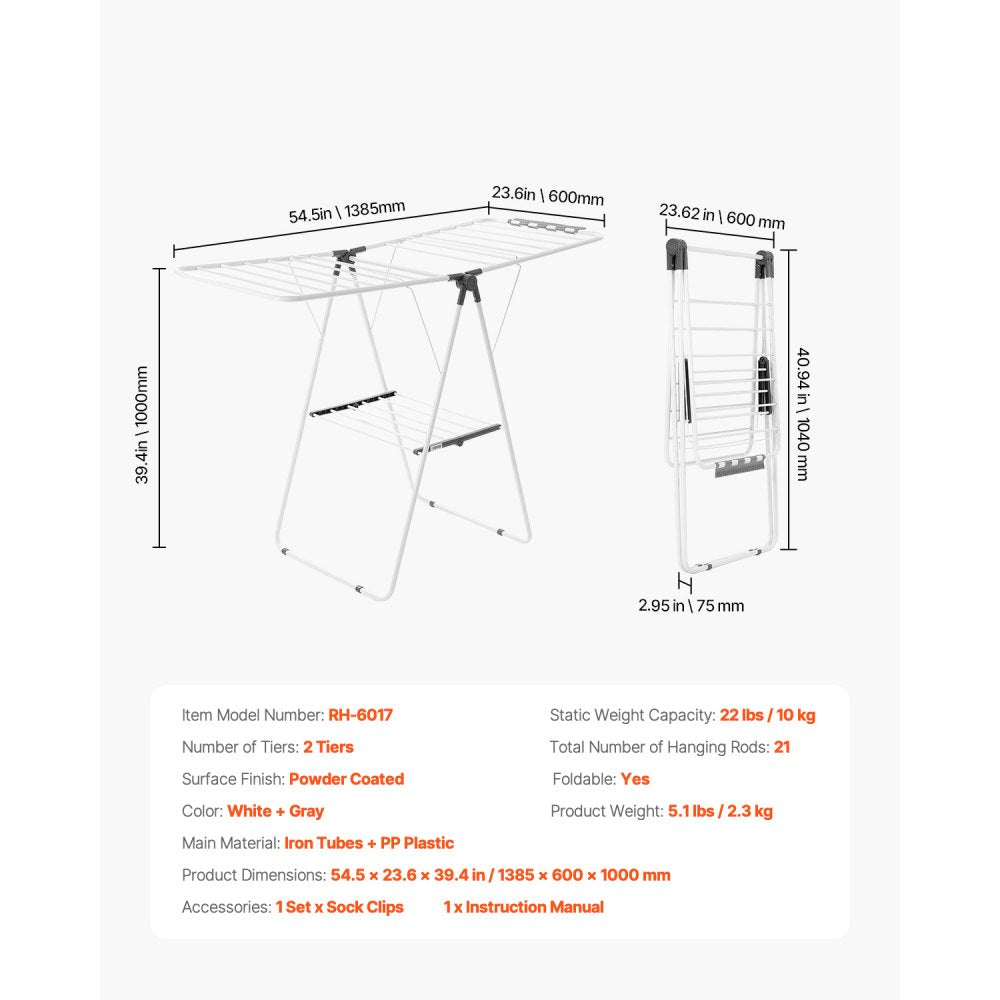 VEVOR Clothes Drying Rack, 2-Tier Foldable Laundry Dryer Rack with Sock Clips & 21 Drying Rods, Metal Height Adjustable Drying Racks for Outdoor & Indoor, Free-Standing & Space-Saving Hanger, White