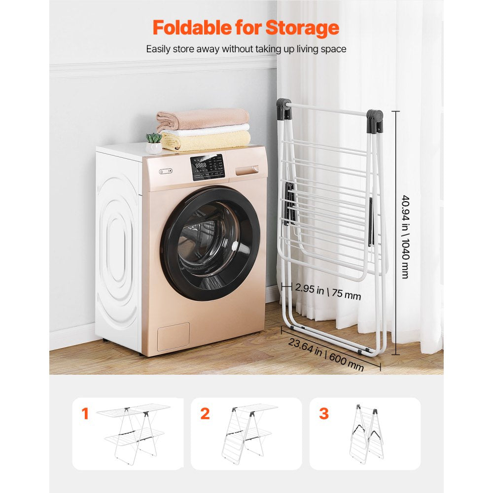VEVOR Clothes Drying Rack, 2-Tier Foldable Laundry Dryer Rack with Sock Clips & 31 Dry Rods, Metal Height Adjustable Drying Racks for Outdoor & Indoor, Free-Standing & Space-Saving Hanger, White