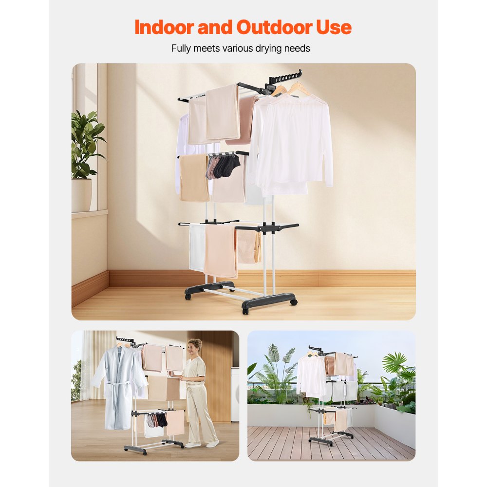 VEVOR Clothes Drying Rack, 4-Tier Foldable Laundry Dryer Rack, Metal Drying Racks with 24 Drying Rods, Free-Standing and Portable Hanger with 4 Castors and Two Side Wings for Outdoor & Indoor Use