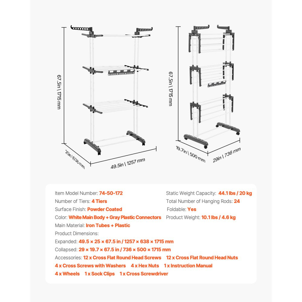 VEVOR Clothes Drying Rack, 4-Tier Foldable Laundry Dryer Rack, Metal Drying Racks with 24 Drying Rods, Free-Standing and Portable Hanger with 4 Castors and Two Side Wings for Outdoor & Indoor Use
