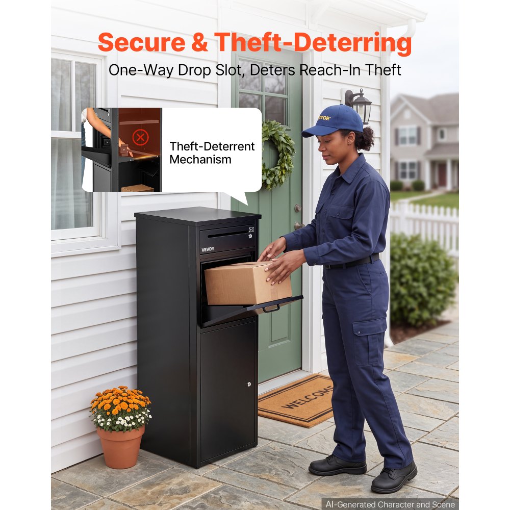 VEVOR Package Delivery Box for Outside 44.49 in Large Metal Parcel Drop Box, for Porch, Curbside & House Storage, Lockable Anti-Theft Waterproof Weatherproof, Thick Secure Mailbox for Outdoor, Black