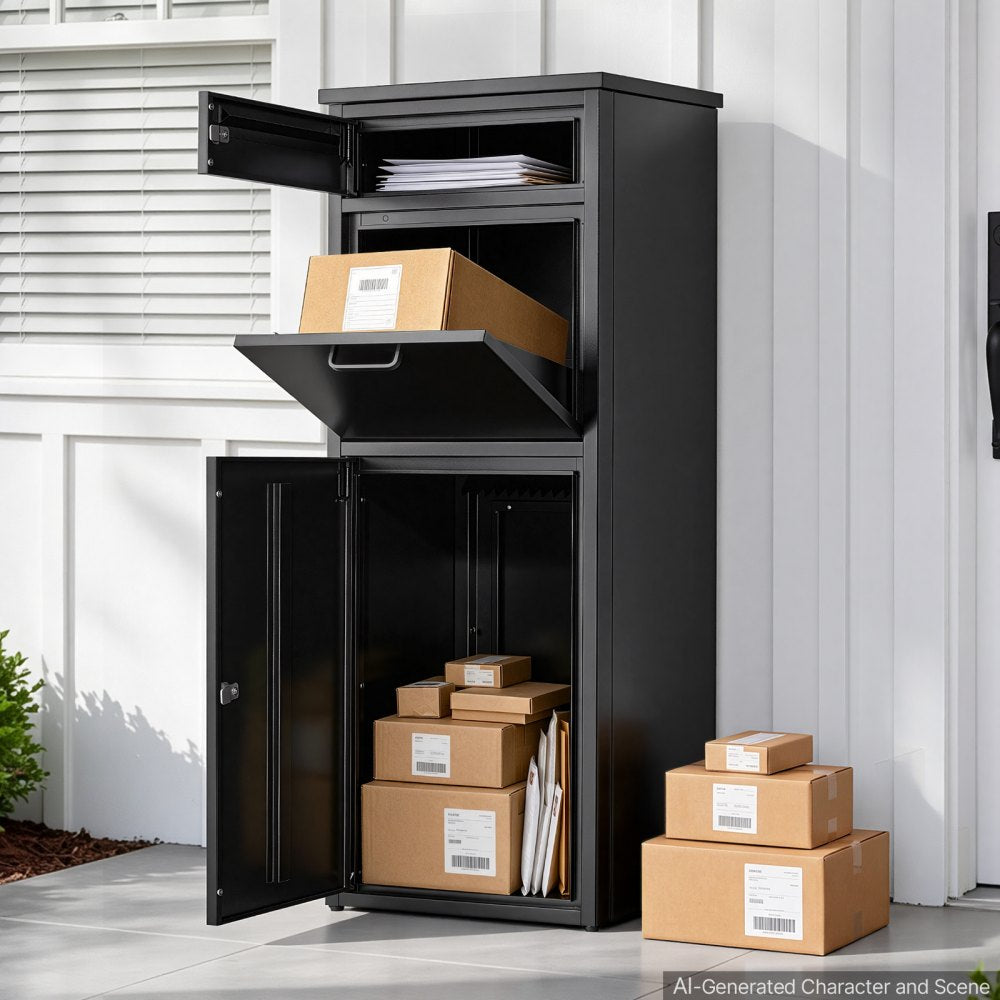 VEVOR Package Delivery Box for Outside 44.49 in Large Metal Parcel Drop Box, for Porch, Curbside & House Storage, Lockable Anti-Theft Waterproof Weatherproof, Thick Secure Mailbox for Outdoor, Black