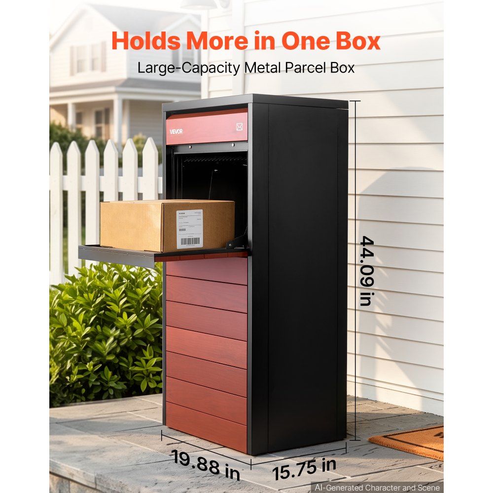VEVOR Package Delivery Box for Outside 44.09 in Large Metal Parcel Drop Box, for Porch, Curbside & House Storage, Lockable Anti-Theft Waterproof Weatherproof, Secure Mailbox for Outdoor, Black & Brown