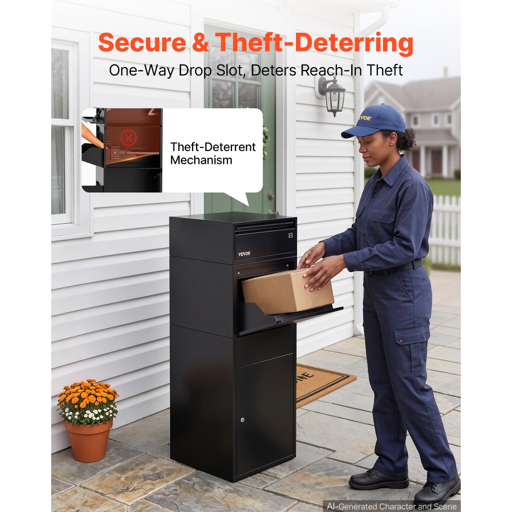 VEVOR Package Delivery Box for Outside 47.24 in Large Metal Parcel Drop Box, for Porch, Curbside & House Storage, Lockable Anti-Theft Waterproof Weatherproof, Thick Secure Mailbox for Outdoor, Black