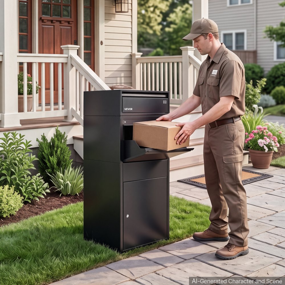 VEVOR Package Delivery Box for Outside 47.24 in Large Metal Parcel Drop Box, for Porch, Curbside & House Storage, Lockable Anti-Theft Waterproof Weatherproof, Thick Secure Mailbox for Outdoor, Black