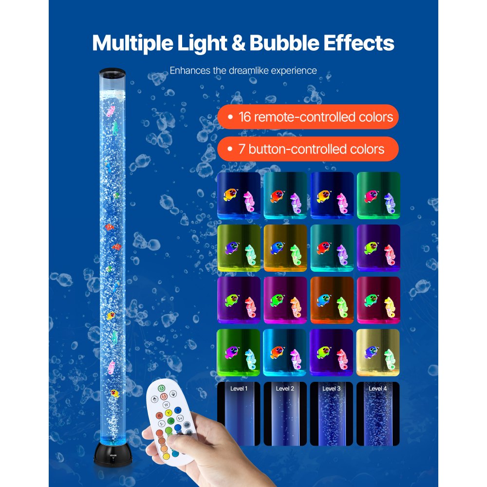 VEVOR Sensory Bubble Tube Lamp, 5 ft Bubble Fish Tube, Sensory Aquarium Lamp with 10 Floating Fish & 16 Color Effects, Remote Control, Stress Relief Calming Light for Bedroom Living Room Home Decor