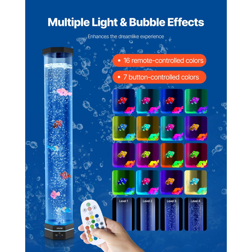 VEVOR Sensory Bubble Tube Lamp, 2.67 ft Bubble Fish Tube, Sensory Aquarium Lamp with 6 Floating Fish & 16 Color Effects, Remote Control, Stress Relief Calming Light for Bedroom Living Room Home Decor