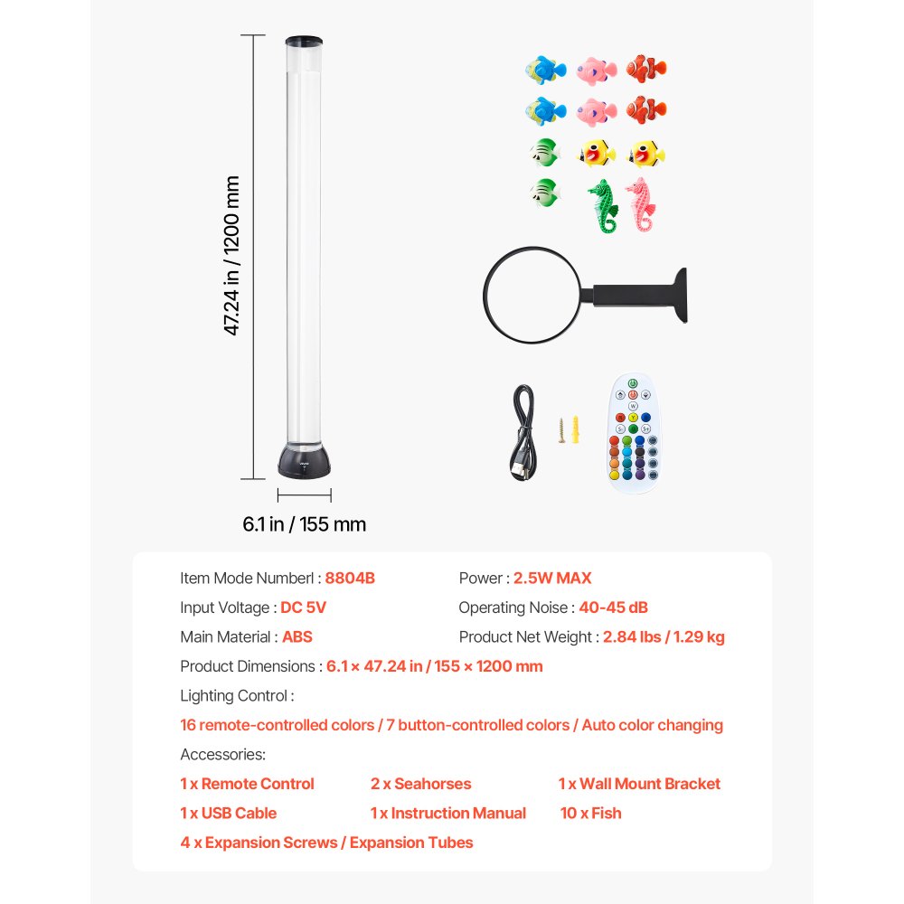 VEVOR Sensory Bubble Tube Lamp, 4 ft Bubble Fish Tube, Sensory Aquarium Lamp with 10 Floating Fish & 16 Color Effects, Remote Control, Stress Relief Calming Light for Bedroom Living Room Home Decor