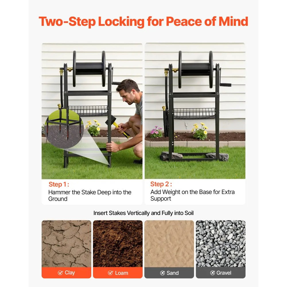 VEVOR Freestanding Garden Hose Reel, Holds 125 Feet of 5/8-inch Hose, Wall Mount or Ground Mount, Detachable Holder Stand with Storage Rack, 5 ft Leader Hose, Brass Fitting, 4 Spikes, for Backyards