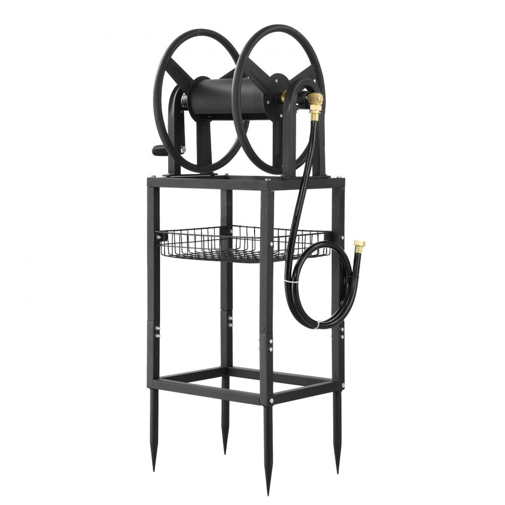 VEVOR Freestanding Garden Hose Reel, Holds 200 Feet of 5/8-inch Hose, Wall Mount or Ground Mount, Detachable Holder Stand with Storage Rack, 5 ft Leader Hose, Brass Fitting, 4 Spikes, for Backyards