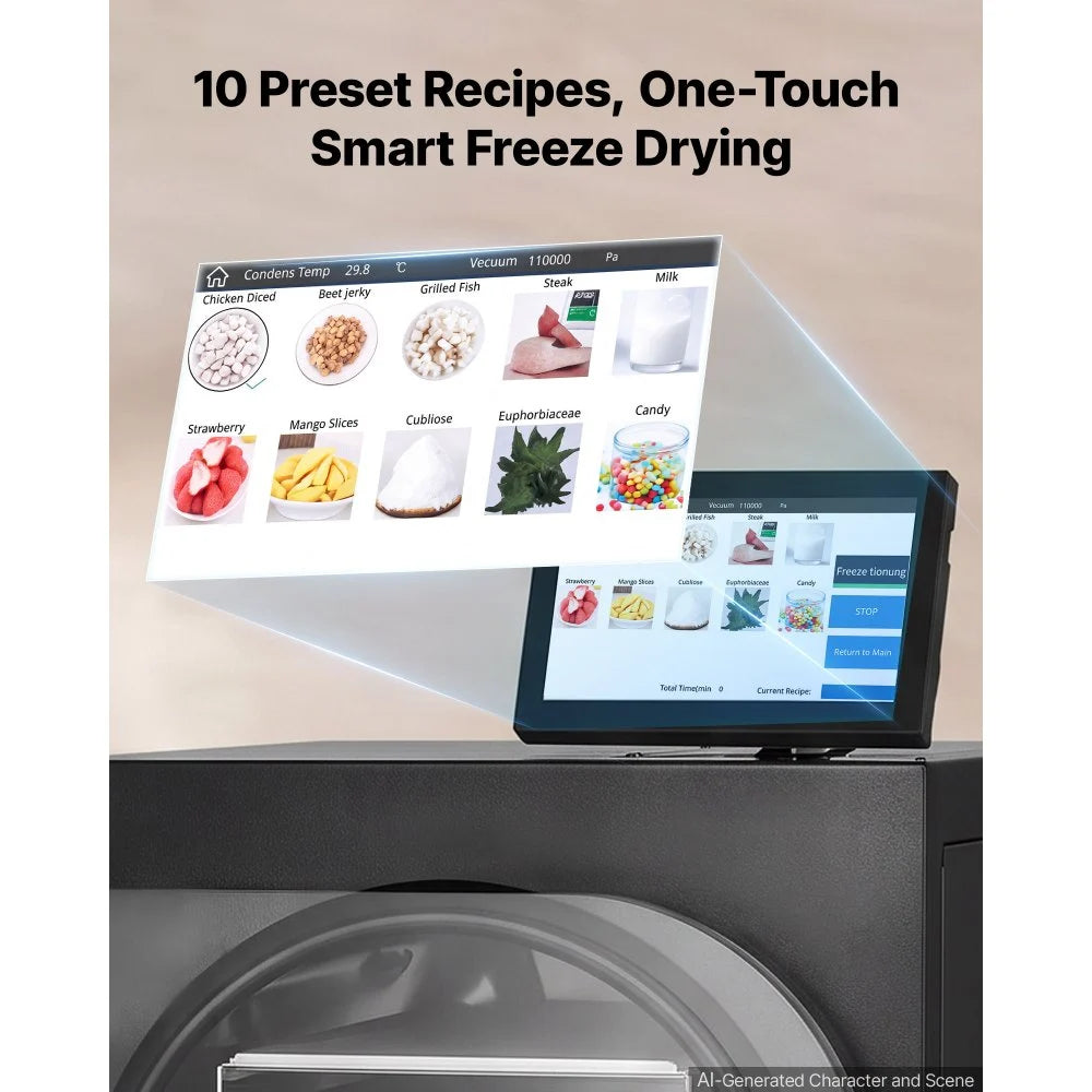 VEVOR Vacuum Freeze Dryer Machine, 11-15.4 lbs/Batch, 4 Trays, 10 Presets for Fruit Vegetable Meat, Durable Freestanding Freeze Drying Equipment with Wheel, App Control, LCD Touchscreen, Auto Defrost