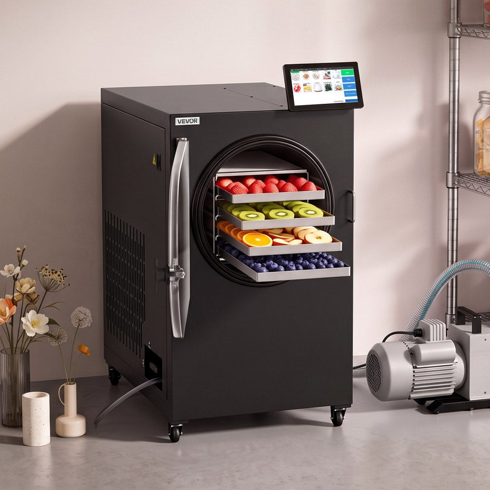 VEVOR Vacuum Freeze Dryer Machine, 11-15.4 lbs/Batch, 4 Trays, 10 Presets for Fruit Vegetable Meat, Durable Freestanding Freeze Drying Equipment with Wheel, App Control, LCD Touchscreen, Auto Defrost