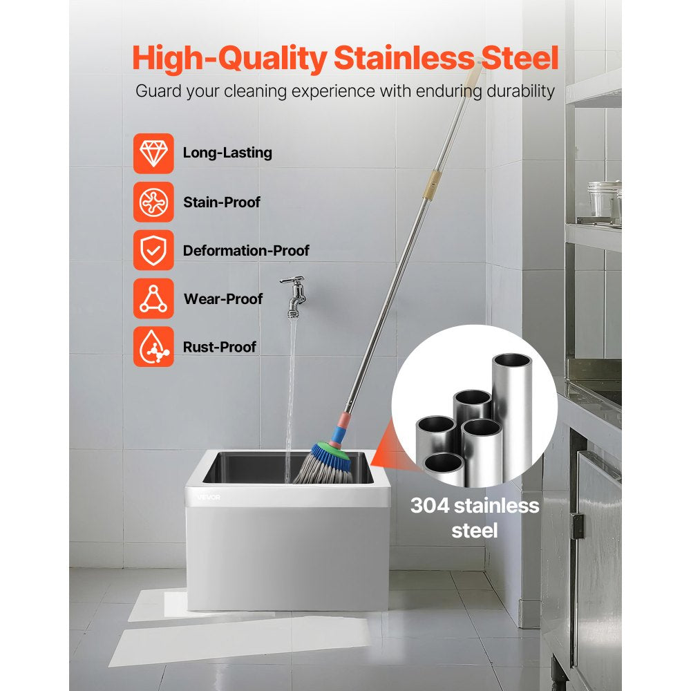 VEVOR Stainless Steel Floor Mop Sink, 22 x 19 x 12 in, 304 Stainless Steel, with 3-in-1 Filter and Wall-Mounted Bracket, X-Shaped Groove for Quick and Smooth Drainage, for Balcony and Bathroom