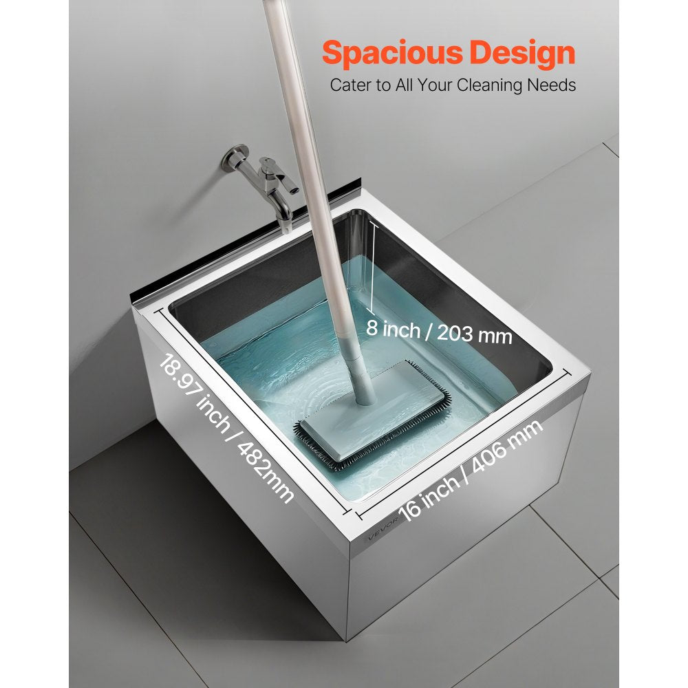 VEVOR Stainless Steel Floor Mop Sink, 22 x 19 x 12 in, 304 Stainless Steel, with Backsplash, 3-in-1 Filter and Wall-Mounted Bracket, X-Shaped Groove for Quick Drainage, for Balcony and Bathroom