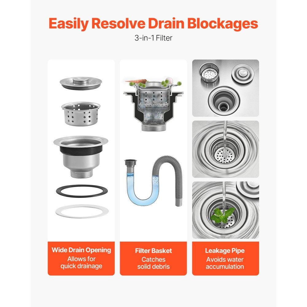 VEVOR Stainless Steel Floor Mop Sink, 22 x 19 x 12 in, 304 Stainless Steel, with Backsplash, 3-in-1 Filter and Wall-Mounted Bracket, X-Shaped Groove for Quick Drainage, for Balcony and Bathroom