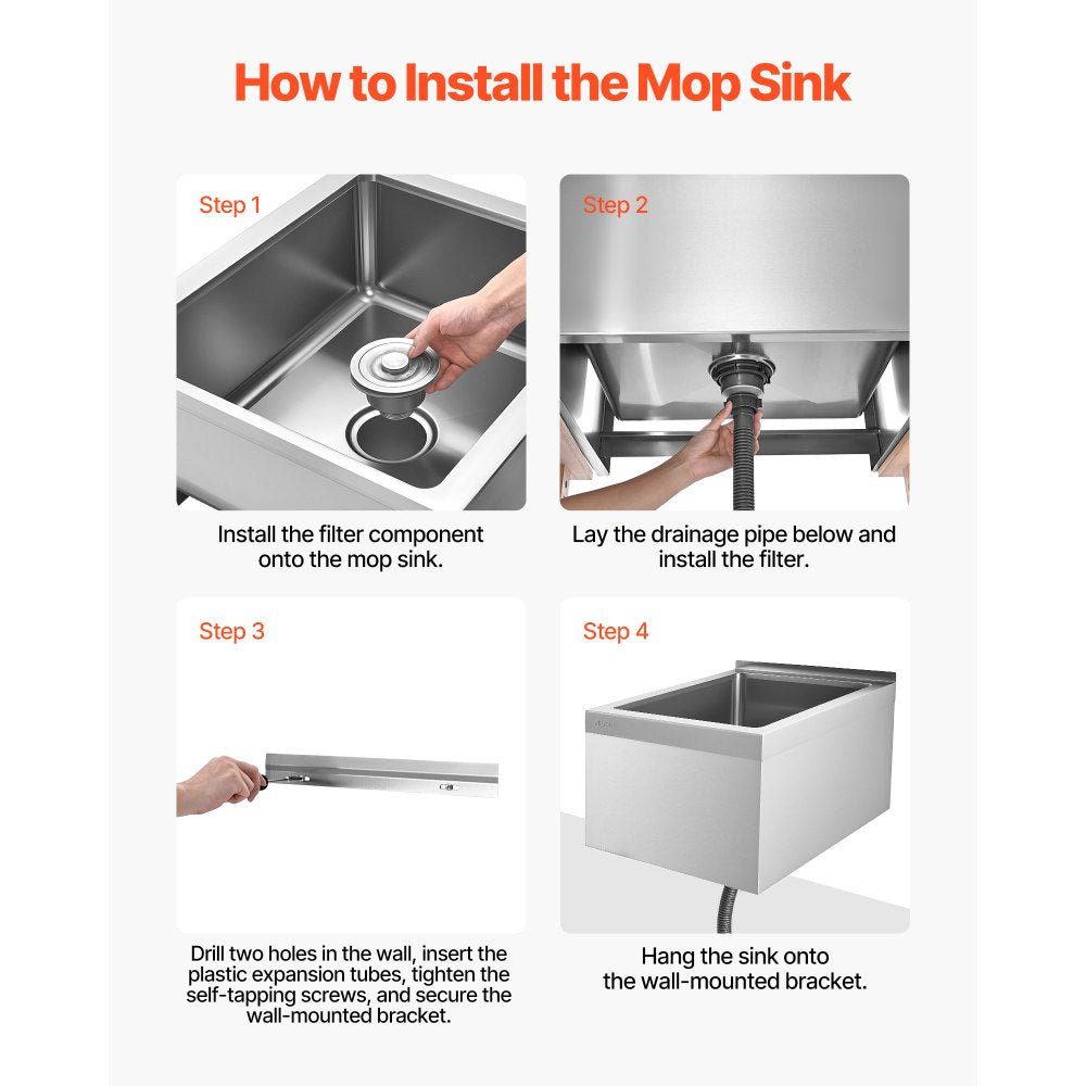 VEVOR Stainless Steel Floor Mop Sink, 22 x 19 x 12 in, 304 Stainless Steel, with Backsplash, 3-in-1 Filter and Wall-Mounted Bracket, X-Shaped Groove for Quick Drainage, for Balcony and Bathroom