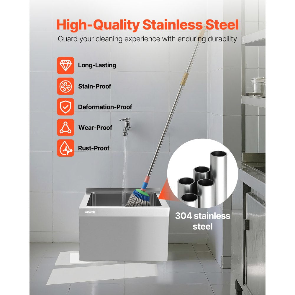 VEVOR Stainless Steel Floor Mop Sink, 22 x 19 x 12 in, 304 Stainless Steel, with Backsplash, 3-in-1 Filter and Wall-Mounted Bracket, X-Shaped Groove for Quick Drainage, for Balcony and Bathroom