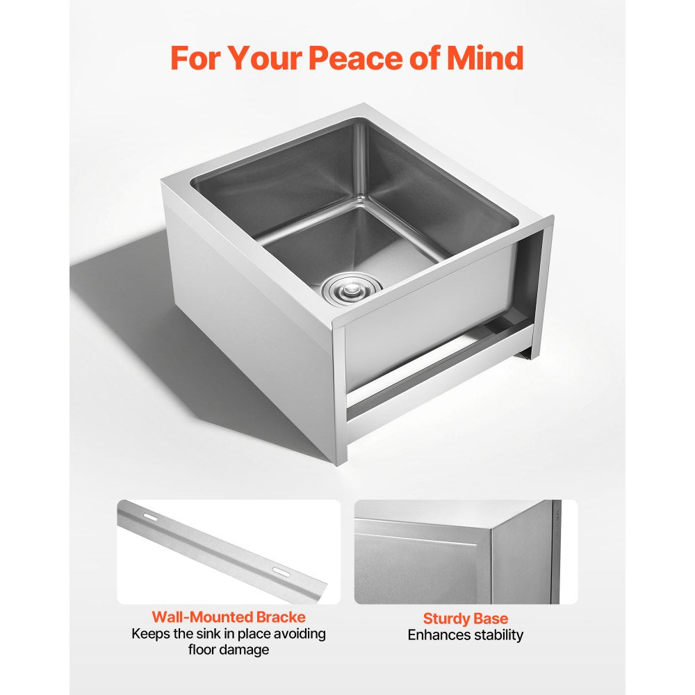 VEVOR Stainless Steel Floor Mop Sink, 22 x 19 x 12 in, 304 Stainless Steel, with Backsplash, 3-in-1 Filter and Wall-Mounted Bracket, X-Shaped Groove for Quick Drainage, for Balcony and Bathroom