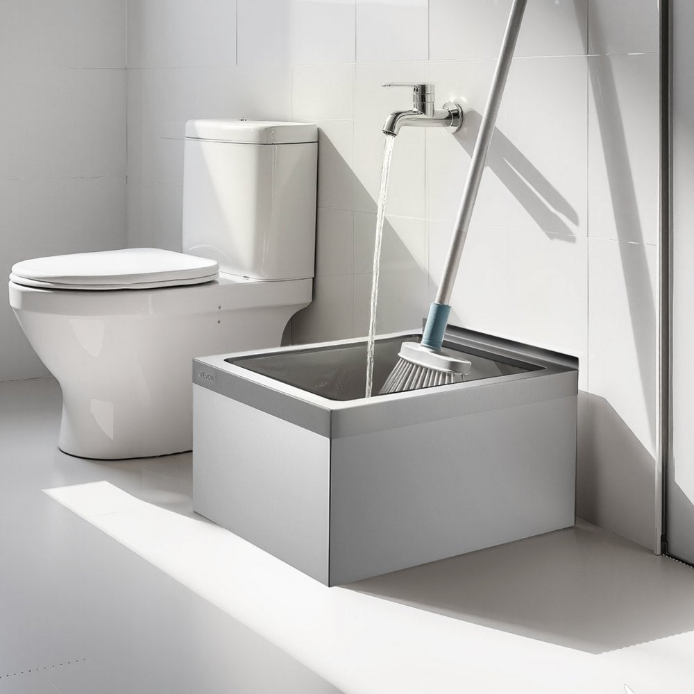 VEVOR Stainless Steel Floor Mop Sink, 22 x 19 x 12 in, 304 Stainless Steel, with Backsplash, 3-in-1 Filter and Wall-Mounted Bracket, X-Shaped Groove for Quick Drainage, for Balcony and Bathroom