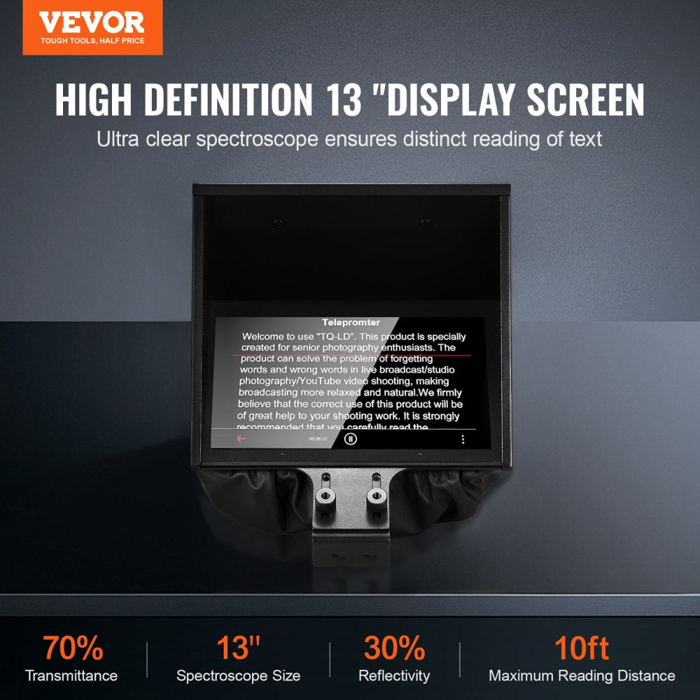 VEVOR Teleprompter, 13" Aluminum Alloy, Floor Type with Adjustable Angle Spectroscope, Remote Control, for YouTube, Twitch, Zoom, Supports DSLR/Webcam/Smartphone, for Video Recording/Live Streaming