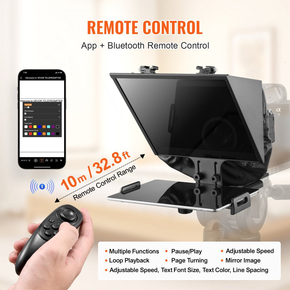 VEVOR Teleprompter, 13" Aluminum Alloy, Floor Type with Adjustable Angle Spectroscope, Remote Control, for YouTube, Twitch, Zoom, Supports DSLR/Webcam/Smartphone, for Video Recording/Live Streaming