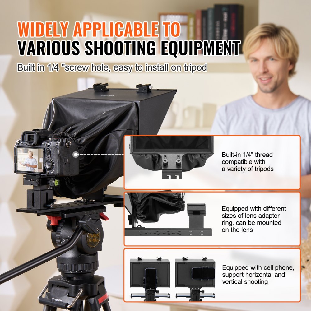 VEVOR Teleprompter, 13" Aluminum Alloy, Floor Type with Adjustable Angle Spectroscope, Remote Control, for YouTube, Twitch, Zoom, Supports DSLR/Webcam/Smartphone, for Video Recording/Live Streaming