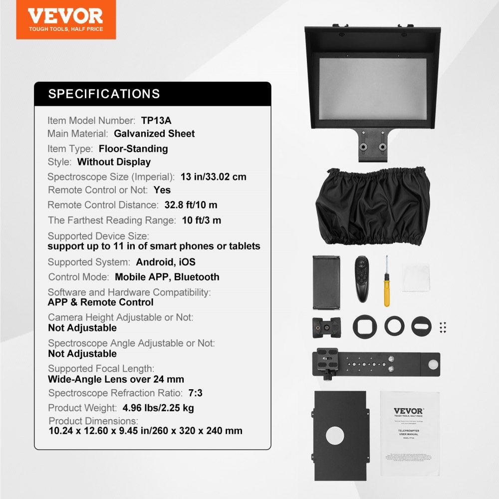 VEVOR Teleprompter, 13" Aluminum Alloy, Floor Type with Adjustable Angle Spectroscope, Remote Control, for YouTube, Twitch, Zoom, Supports DSLR/Webcam/Smartphone, for Video Recording/Live Streaming