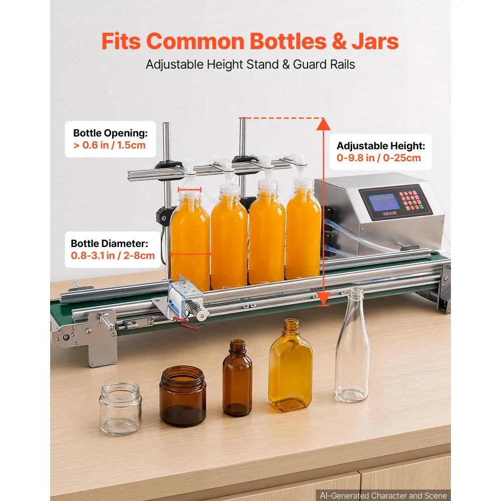 VEVOR Automatic Liquid Filling Machine, 4 Nozzles with Conveyor Bottle Filler, for Water and Oil, 10-500 g Recommend, Premium Stainless Steel Body, Digital Weighing, Adjustable Stand, Easy to Operate