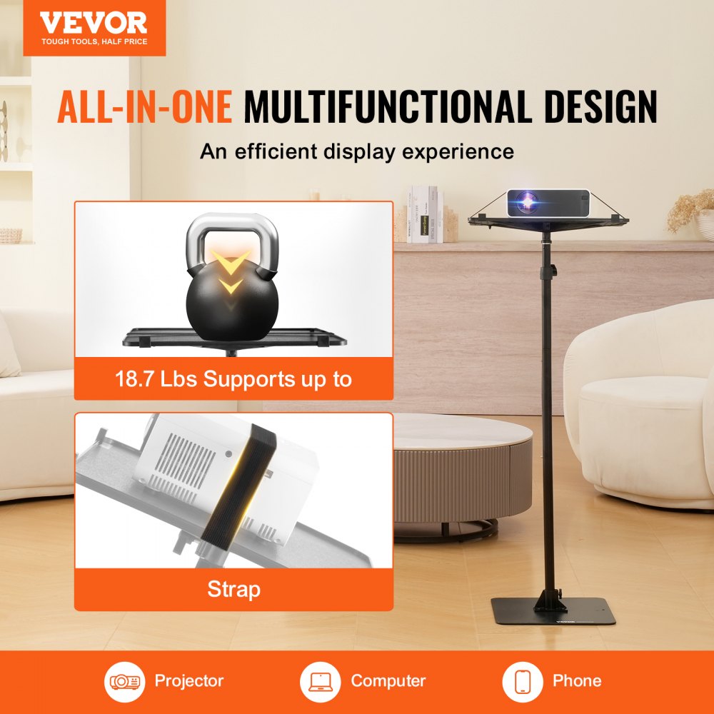 VEVOR Projector Stand, Projector Floor Stand Adjustable Height from 30.3 to 63.4 in, Projector Mount with Tray, Ideal for Outdoor Movies, Home, Office, Stage and Studio, Black