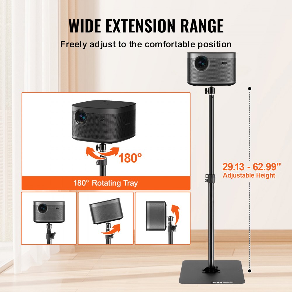 VEVOR Projector Stand, Projector Floor Stand Adjustable Height from 30.3 to 63.4 in, Projector Mount with Tray, Ideal for Outdoor Movies, Home, Office, Stage and Studio, Black