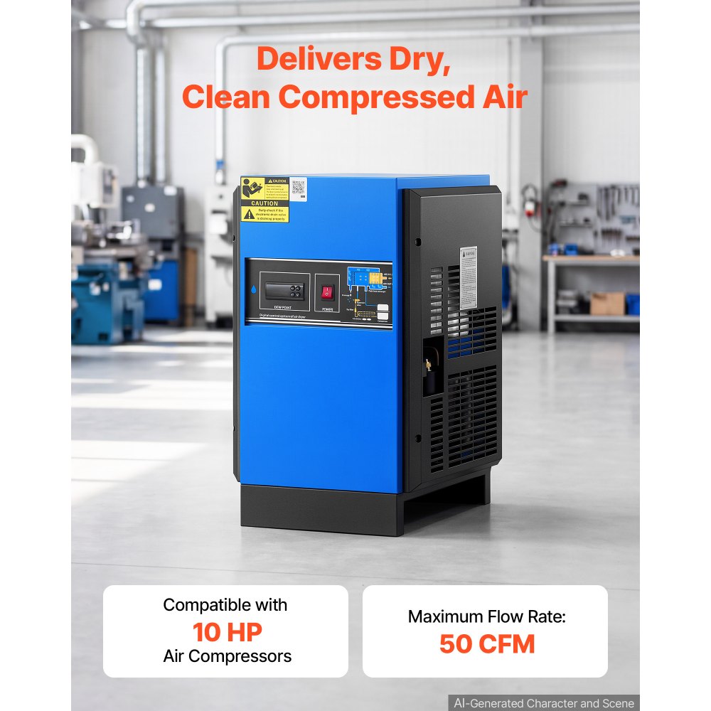 VEVOR Compressed Air Dryer, 50CFM Refrigerated Air Dryer, 120V 60Hz Industrial Refrigerated Air-Drying System for 10HP Compressors - with Color Screen Control Panel and Automatic Drainage