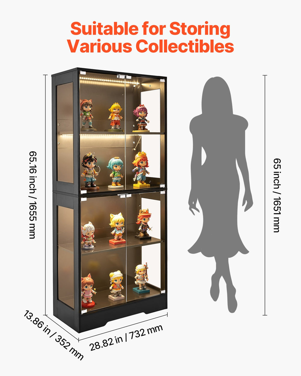 VEVOR 65.16 in tall display cabinet dimensions and size reference