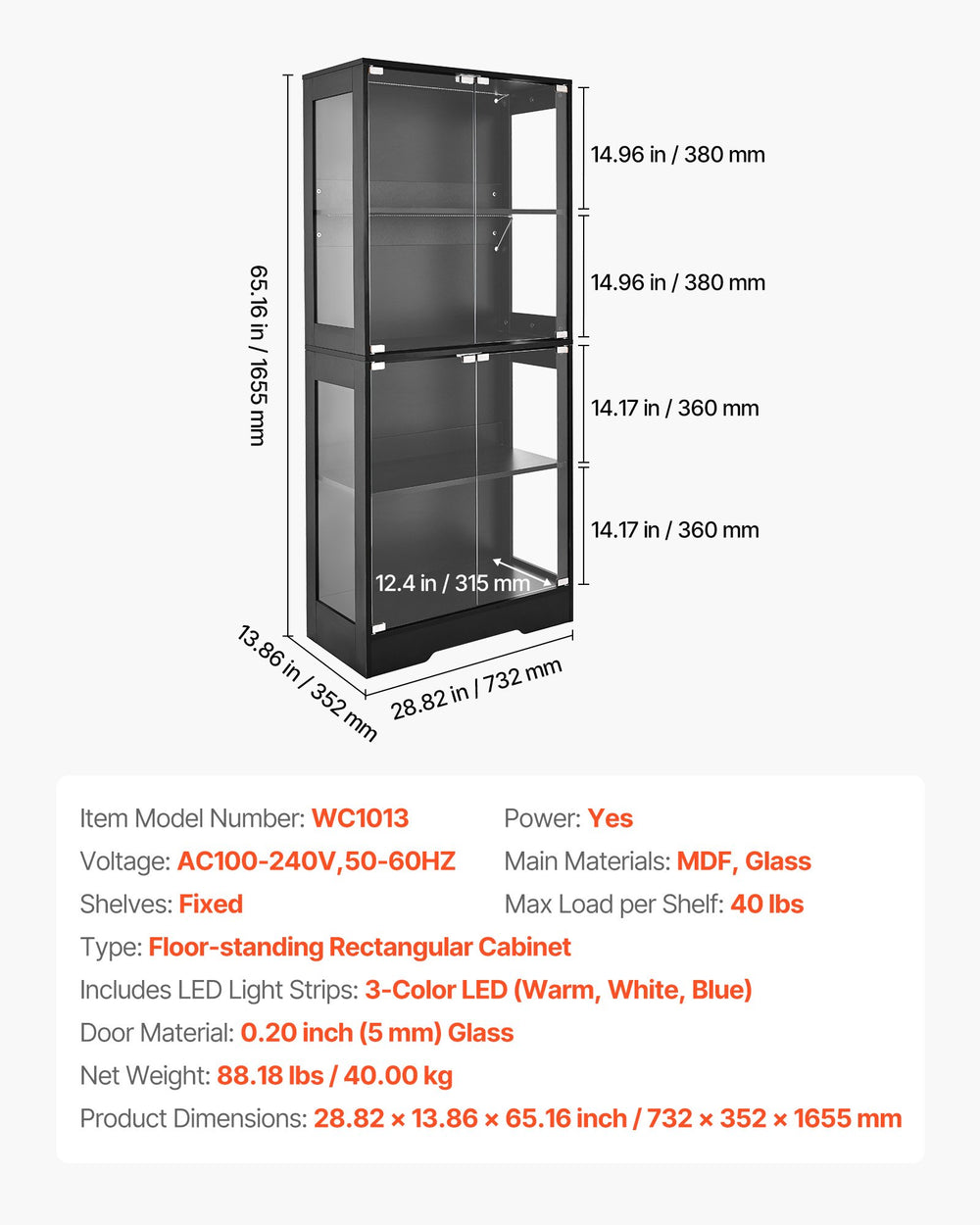 VEVOR WC1013 display cabinet detailed dimensions and key specs graphic