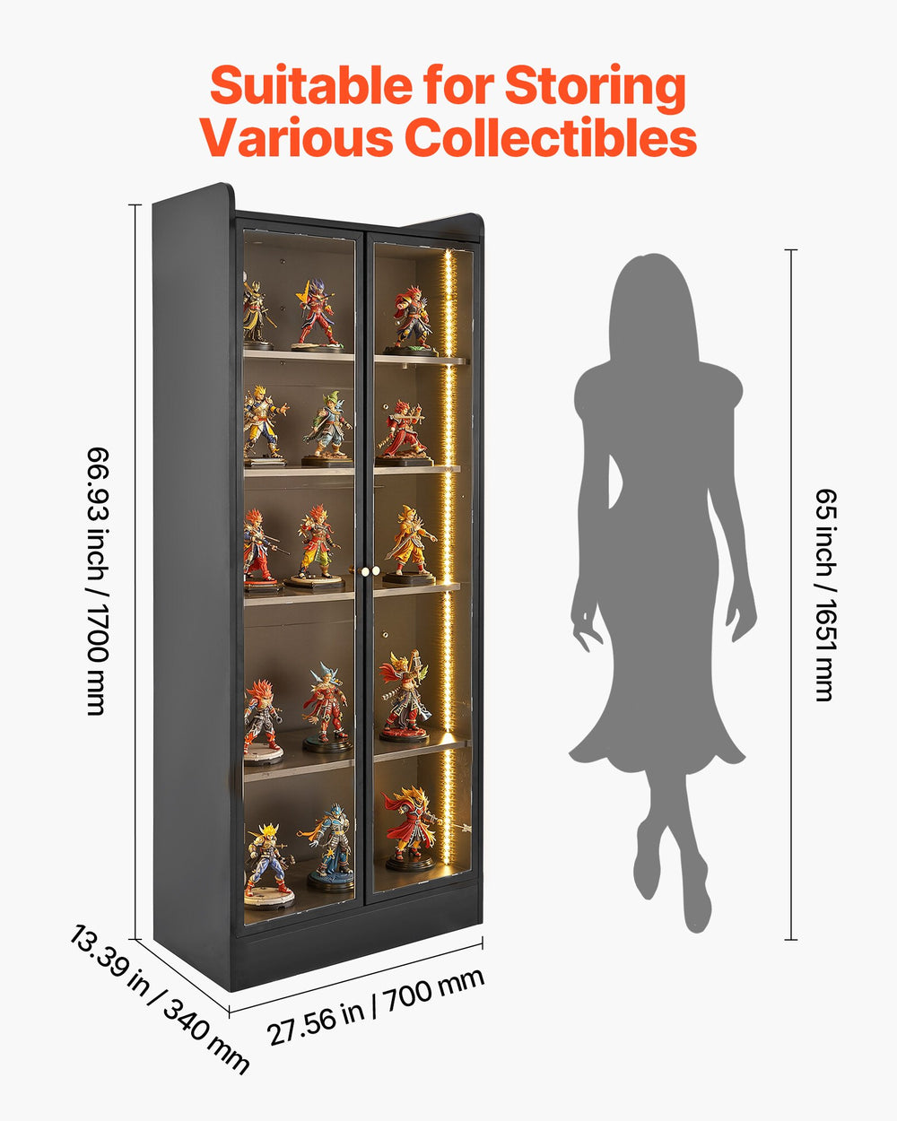 VEVOR display cabinet sturdy frame and doors feature graphic