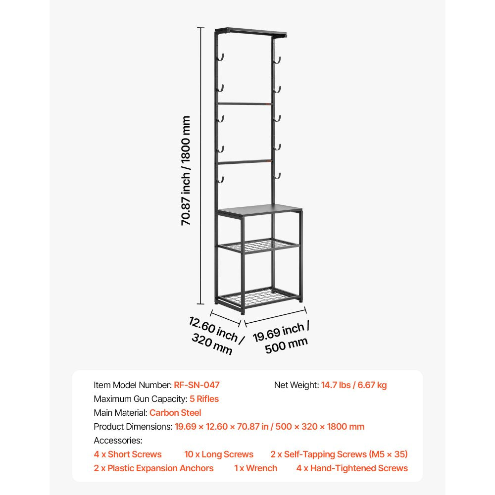 VEVOR Gun Rack, Floor Standing, Indoor Rifle Shotgun Rack Stand with Storage Shelf, for Wall Mount Gun Display Stand, Holds up to 5 Rifles, Heavy Duty Steel, for Home Garage Hunting Long Guns Storage