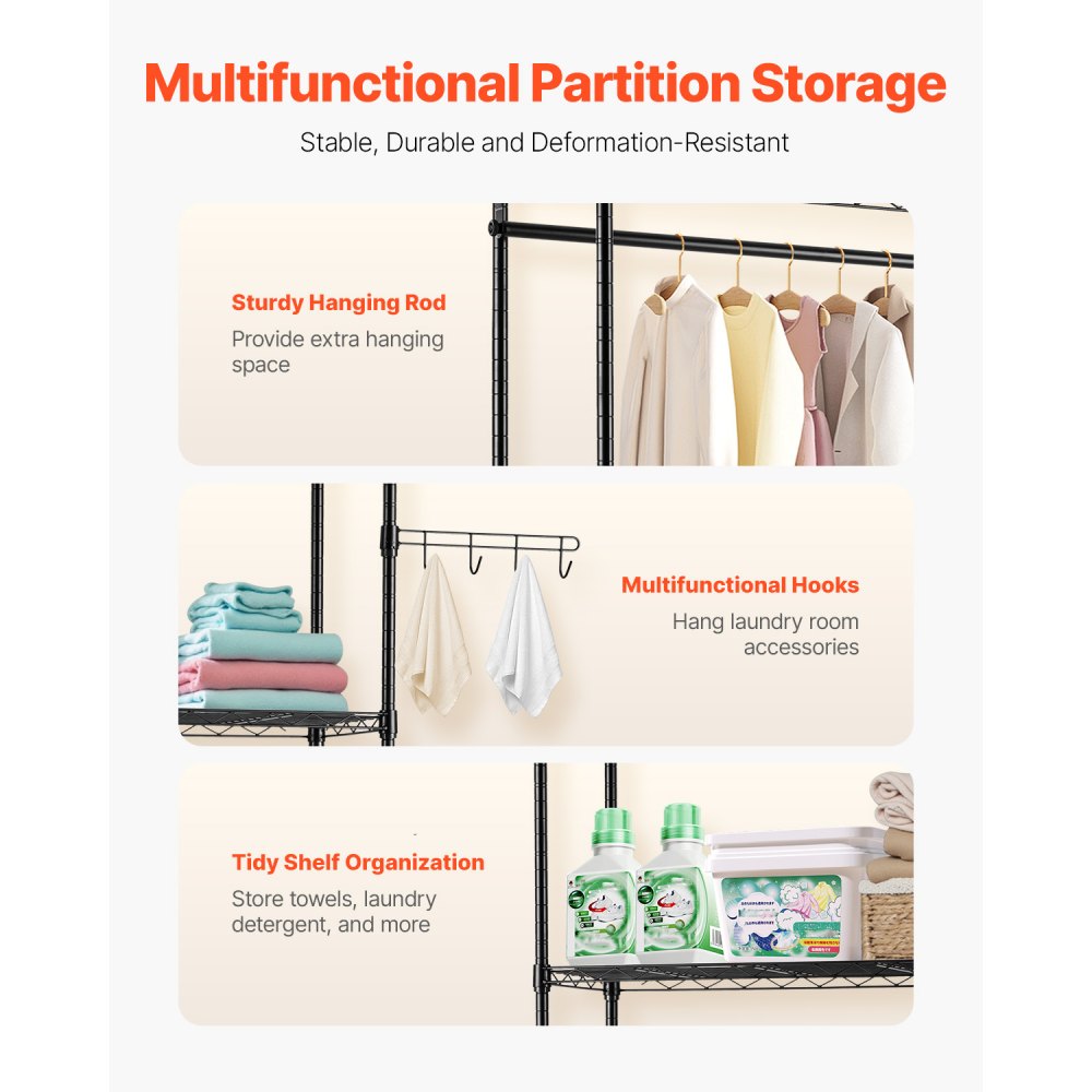 VEVOR Over Washer and Dryer Storage Shelves, 6 Tiers Laundry Room Drying Rack with Hanger Rod and Hooks, Two Rows Adjustable Washer Shelves Space Saver, for Laundry Room Storage & Organization, Black