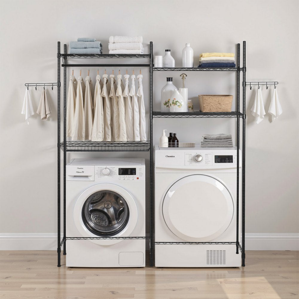 VEVOR Over Washer and Dryer Storage Shelves, 4 Tiers Laundry Room Drying Rack with Hanger Rod and Hooks, Two Rows Adjustable Washer Shelves Space Saver, for Laundry Room Storage & Organization, Black