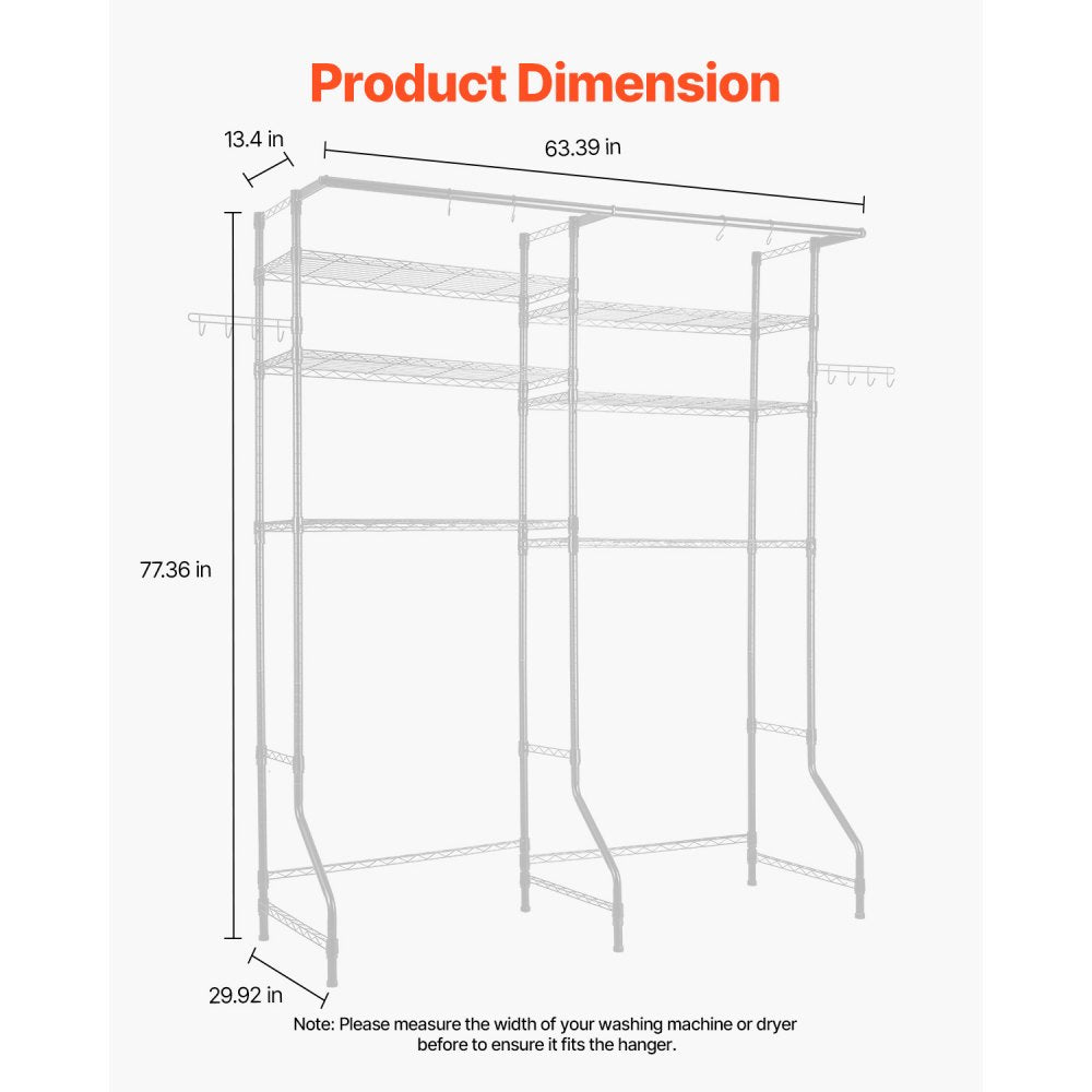 VEVOR Over Washer and Dryer Storage Shelves, 6 Tiers Laundry Room Drying Rack with Hanger Rod and Hooks, Two Rows Adjustable Washer Shelves Space Saver, for Laundry Room Storage & Organization, White