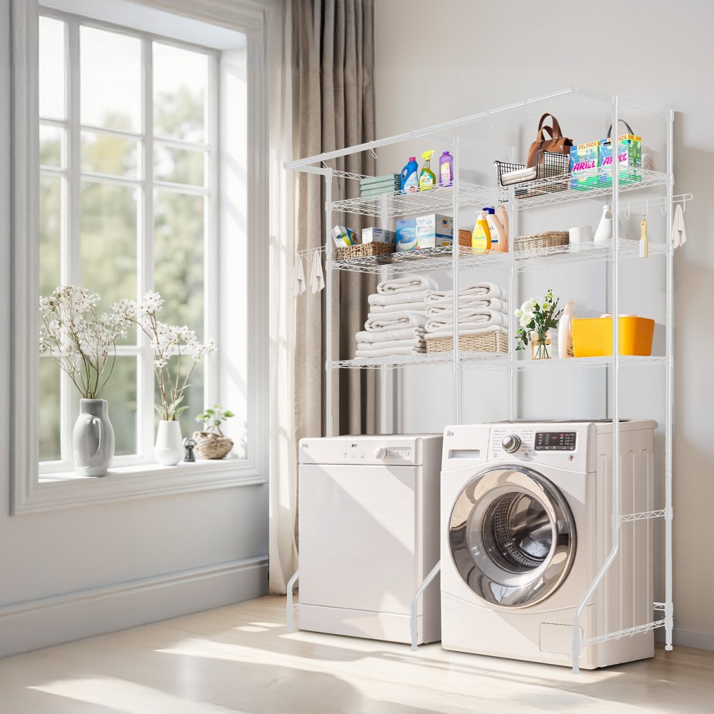 VEVOR Over Washer and Dryer Storage Shelves, 6 Tiers Laundry Room Drying Rack with Hanger Rod and Hooks, Two Rows Adjustable Washer Shelves Space Saver, for Laundry Room Storage & Organization, White