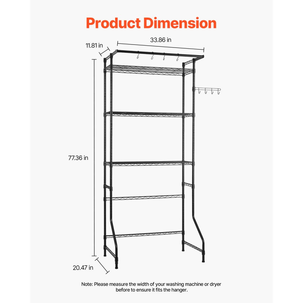 VEVOR Over Washer and Dryer Storage Shelf, 3 Tiers Laundry Room Drying Rack with Hanger Rod and Hooks, Single Row Adjustable Washer Shelves Space Saver, for Laundry Room Storage & Organization, Black