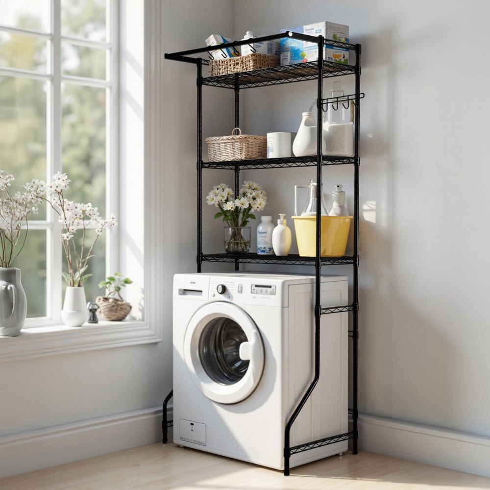 VEVOR Over Washer and Dryer Storage Shelf, 3 Tiers Laundry Room Drying Rack with Hanger Rod and Hooks, Single Row Adjustable Washer Shelves Space Saver, for Laundry Room Storage & Organization, Black