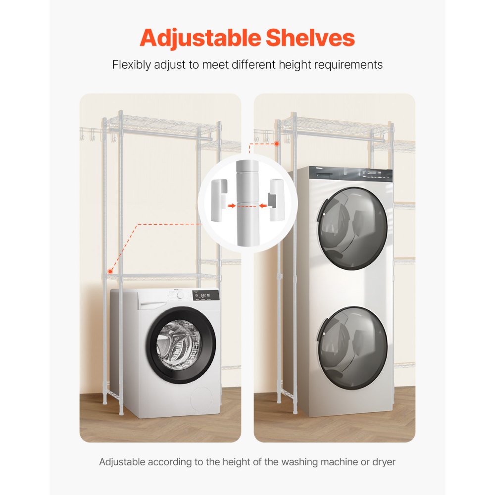 VEVOR Over Washer and Dryer Storage Shelves, 5 Tiers Laundry Room Drying Rack with Hanger Rod and Hooks, Two Rows Adjustable Washer Shelves Space Saver, for Laundry Room Storage & Organization, White