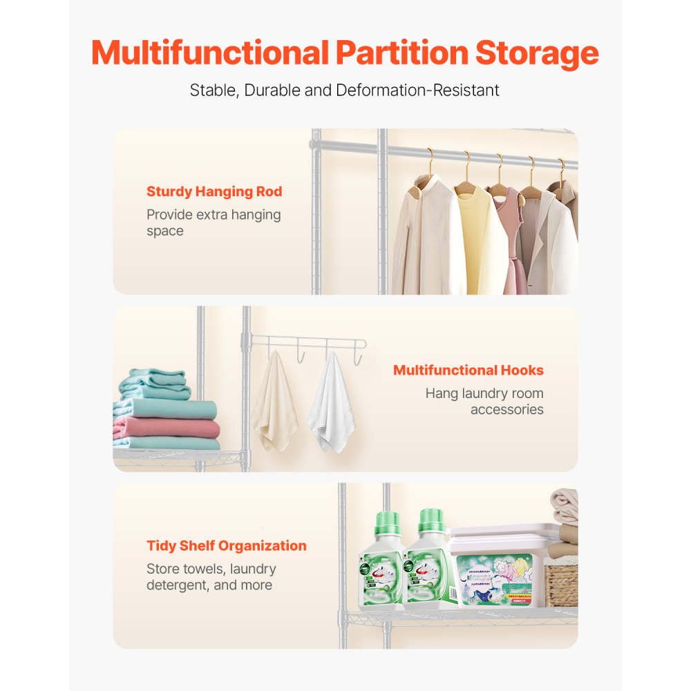 VEVOR Over Washer and Dryer Storage Shelves, 5 Tiers Laundry Room Drying Rack with Hanger Rod and Hooks, Two Rows Adjustable Washer Shelves Space Saver, for Laundry Room Storage & Organization, White