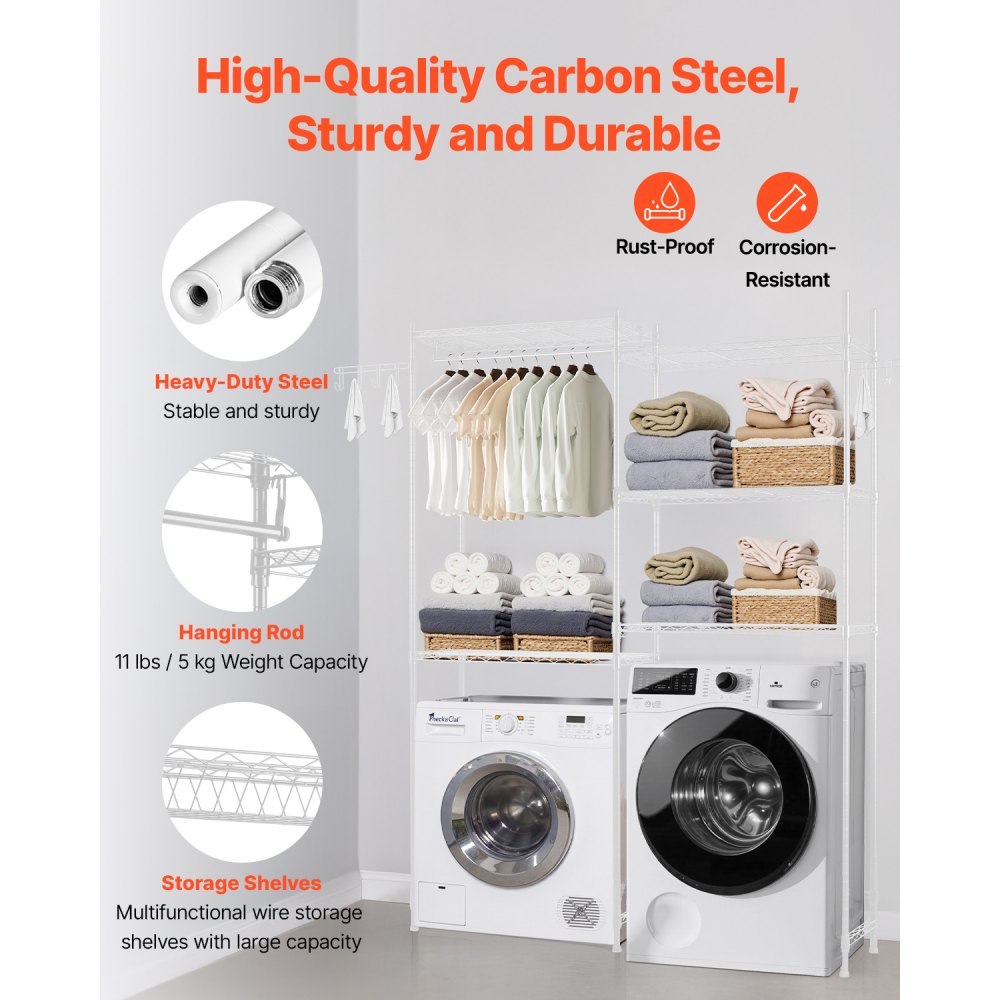 VEVOR Over Washer and Dryer Storage Shelves, 5 Tiers Laundry Room Drying Rack with Hanger Rod and Hooks, Two Rows Adjustable Washer Shelves Space Saver, for Laundry Room Storage & Organization, White
