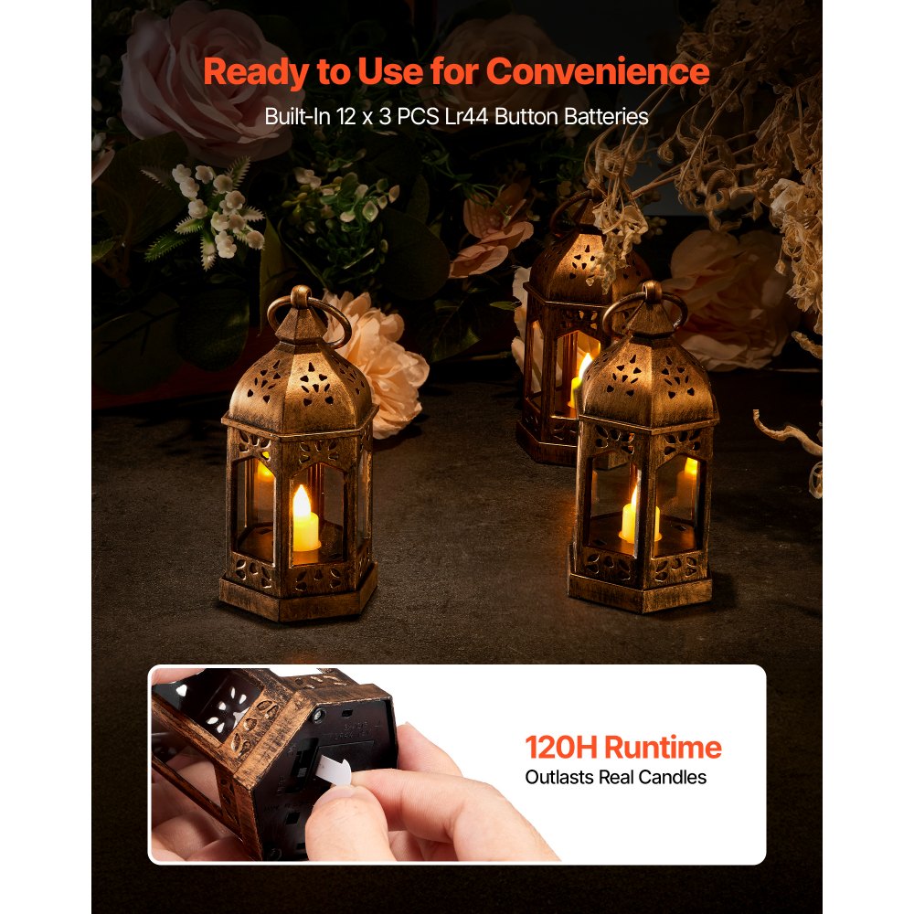 VEVOR 12 Pcs Decorative Candle Lantern, LED Electric Flameless Candle, Plastic LED Holder with Glass, Wall Hanging Indoor Porch Lanterns for Wedding Table Party Farmhouse Indoor Decor, Bronze