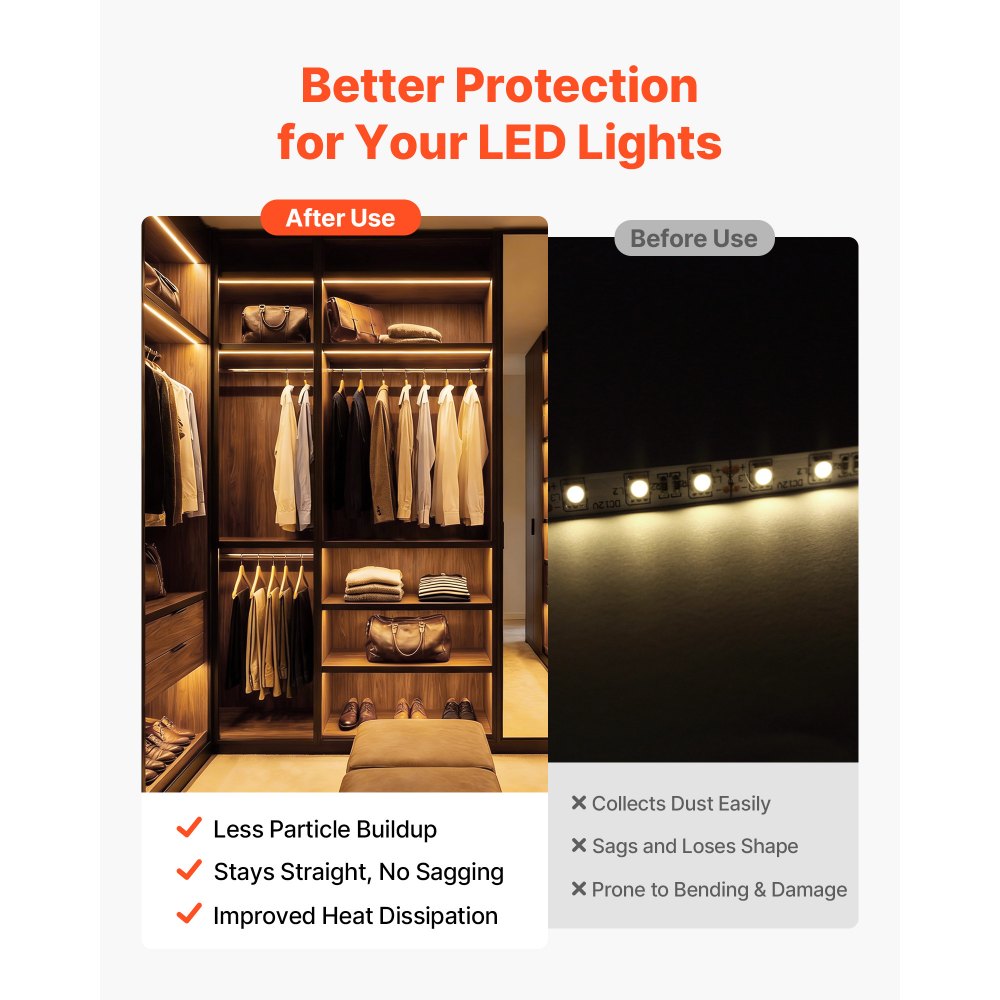 VEVOR 10-Pack 6.6 ft/2M Plus-Size U Shape LED Aluminum Channel, with Milky Cover, End Caps and Mounting Clips, Aluminum Profile for LED Strip Light, Easy Installation, for Under Cabinet Ceiling Coves
